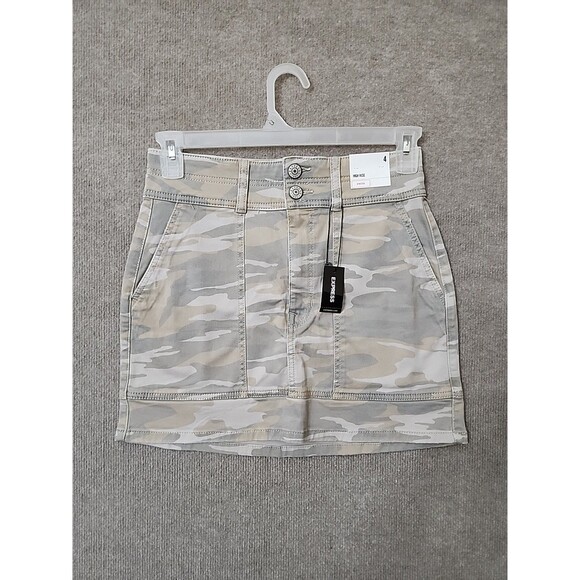 Express High Rise Denim Skirt Womens 4 Beige Gray Camo Stretch NEW - Picture 2 of 11